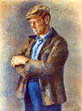 ed Scott photographed a number of paintings which Producer Walter Wanger commissioned for a film production in 1940. This painting by Robert Philip represents British actor Ian Hunter's character, Seaman Smitty. Smitty, like many other crew, is hired in the shipping offices in London just before departure. But he brings aboard a mysterious persona that is both aloof and secretive. His behavior brings other crew members to suspect he is a German spy. Little known to anyone, Smitty is just trying to escape his alcoholism. Director John Ford's epic drama of the sea, "The Long Voyage Home", 1940.